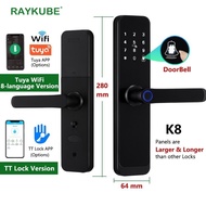 【In stock】2023 NEW RAYKUBE K8 Tuya Wifi Smart Door Lock TT Lock Fingerprint Lock Digital Electric Lock With Longer Larger Handle Panels BBEC
