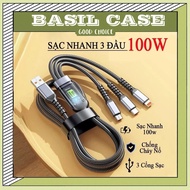 3 in 1 3-Head Fast Charging Cable for Ip / type-C / has 2 Types USB and Type C Covered with Durable,