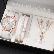Geneva Watch Women Fashion Leather Band Quartz Wrist Watch Pearls Jewelry Set（Without Box）