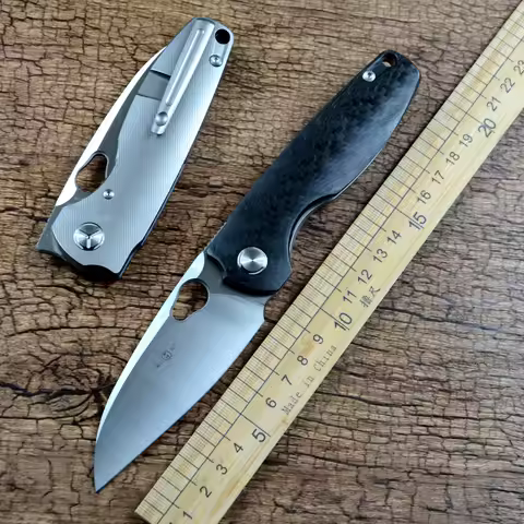 TWOSUN M390 Blade Flipper Folding Pocket Knife Hunting Outdoor Titanium Carbon Fiber Handle TS129