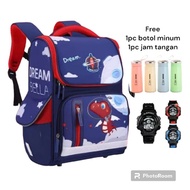 Tas Ransel Anak Laki-Laki Motif Dinosaurus Tematik Ruang Angkasa + Gratis Jam Tangan