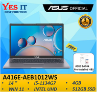 ASUS NB A416E-AEB1012WS 14" LAPTOP ( I5-1134G7, 4GB, 512 SSD, INTEL UHD, W11+OPI, 2YW) FREE BAG