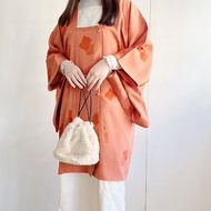 日本製和風印花蜜桃橘長版古著羽織道行和服外套