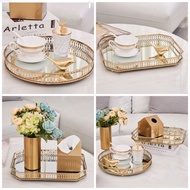 MIRROR GLASS TRAY GOLD METAL DECORATION GOLDEN ROUND TRAY GOLDEN DECORATION