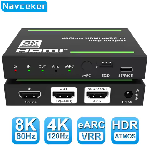 Navceke 4K 120Hz HDMI 2.1 eARC Audio Extractor 48 Gbps HDMI eARC Splitter 8K 60Hz eARC Converter for