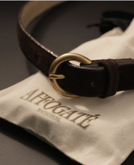 Affogaté “Rounded Buckle Suede Leather Belt” สี Mocha - เข็มขัดหนังกลับ หัวทอง สีน้ำตาล