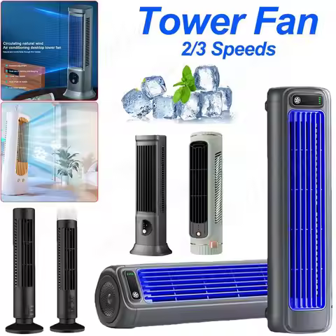 Portable Bladeless Tower Fan 2/3 Speeds Electric Fan Personal Fan Quiet Standing Fan Rechargeable Wa