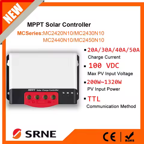 SRNE MPPT Solar Charge Controller 20A~50A Solar Regulator PV Max 1320W Input For 12V 24V Lithium Bat