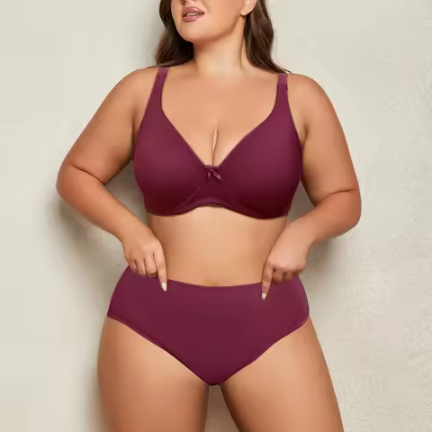 Women Plus Size Plain Lingerie Set Ultra Thin Breathable Bra with Wire Middle Waist Comfort Panties 
