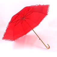🚓Aurora Festive Bright Red Bride Umbrella Embroidered Umbrellas Hundred Years Good Close Curved Handle Double Layer Lace