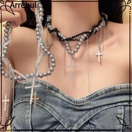 ARREBUL Pearl Necklace, Multi-Layer Sweet Cool Women's Choker, Entangle Spice Girl Girl Cross Pendan