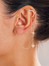 Cider Cider 1pcs Whimsigoth Star &amp; Moon Chain Charm Earring ต่างหูผู้หญิงต่างหูแฟชั่นผู้หญิงเครื่องประดับผญลุคสวยหรู