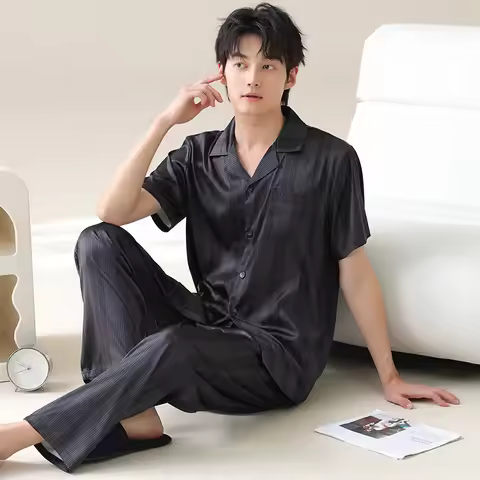 Luxury Men's Ice Silk Summer Cardigan Pajamas Short-sleeved Trousers Plus size Korean Comfortable th