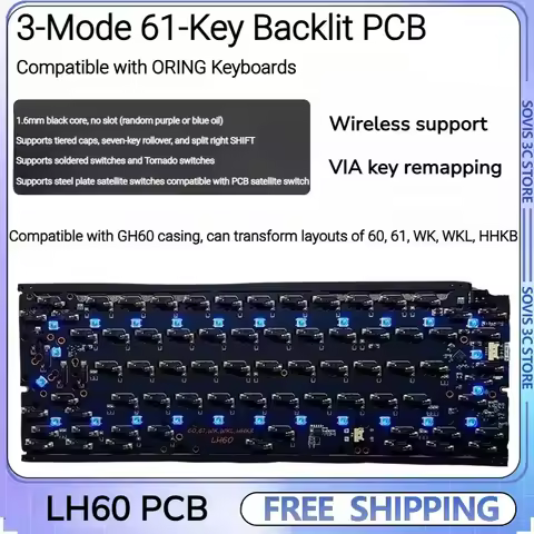 LH60 PCB 3-Mode 61-Key Wireless Bluetooth VIA Custom Hot-Swappable RGB Backlight GH60 Keyboard Posit
