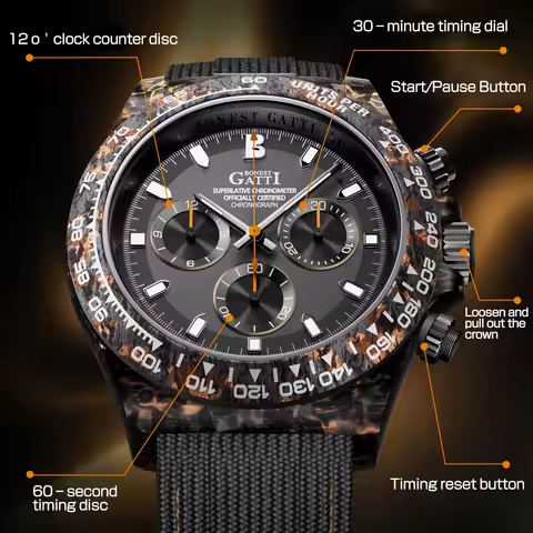 BONEST GATTI Mens Watch Round Dial Carbon Fiber Case Automatic Mechanical Waterproof Luminous Wristw