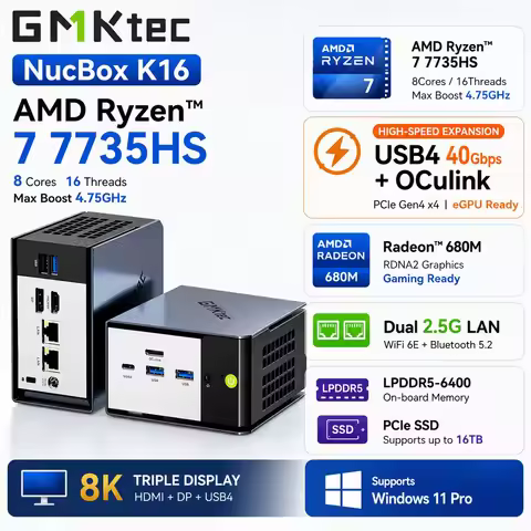 GMKtec NucBox K16 Mini PC AMD Ryzen 7 7735HS Radeon 680M USB4 OCulink Dual 2.5G LAN WiFi 6E Windows 