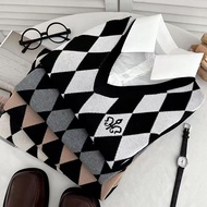 Korean Fashion All-Match Preppy Polo Collar Stitched Knit Vest Fake 2 Piece Top Women