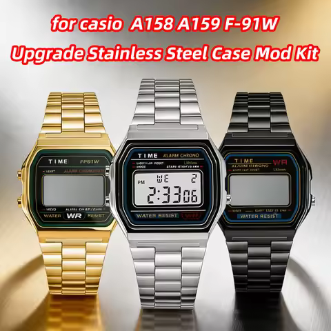 Stainless Steel Case Mod Kit for Casio 593 A158W A159W F91W - High Quality Solid Metal Silver Shell