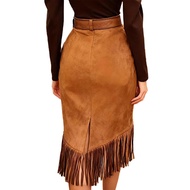 inhzoy Womens Vintage Cowgirl Tassel Pencil Skirt Fringe Wrap Hem Side Zipper Faux Suede Bodycon Ski