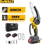 DEWALT เลื่อยไฟฟ้าไร้สาย เลื่อยไฟฟ้า เลื่อยโซ่ 6 นิ้ว 199V เลื่อยตัดไม้ เลื่อยไร้สาย เลื่อยยนต์ ไร้สาย แบตเตอรี่ 2 ก้อน เครื่องตัดไม้ไร้สาย