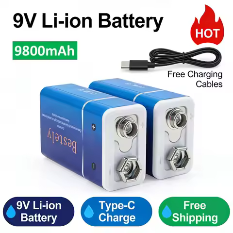 Rechargeable 9V Battery, 9800mAh Large Capacity 9 Volt Li-Ion Batteries Charge with Type-C Cable, fo