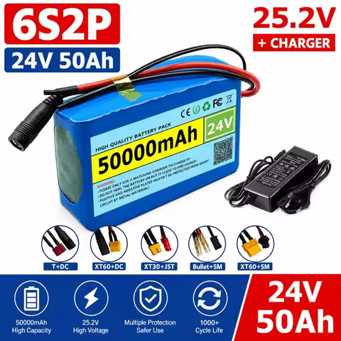 for 6S2P 24V 50Ah 18650 Li-ion Battery Pack 25.2V with BMS and Charger