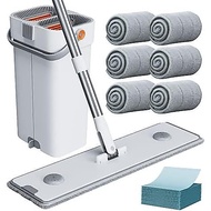 CTIME Large Mop and Bucket Set, Flat Mop and Bucket System, Wall Mop with Adjustable Handle (Max 74 