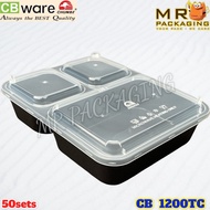 CB TC 1200 3 Compartment Black Container with Dome Lid ( 50sets± ) Plastic PP Food Box Bento Three W
