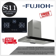 FUJIOH FR-MT1990 R/V 900MM CHIMNEY COOKER HOOD WITH GLASS PANEL + FUJIOH FH-GS5530 SVGL BLACK GLASS GAS HOB WITH 2 DIFFERENT BURNER SIZE BUNDLE DEAL