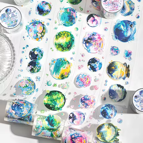 4 Rolls/Set Bubble World Series PET Die-Cut Tape No-Cut Vintage Collage Materials DIY Planner & Jour
