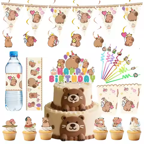 Capybara Birthday Favors Keychain Cake Topper Hangings Pennants Gift Bags PVC Straw Papa Circle Stic