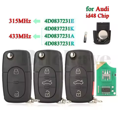jingyuqin 315Mhz/433Mhz Flip Remote Key 4D0 837 231 E/ K/ A/ R ID48 Chip For Audi A3 A4 A6 A8 TT RS4