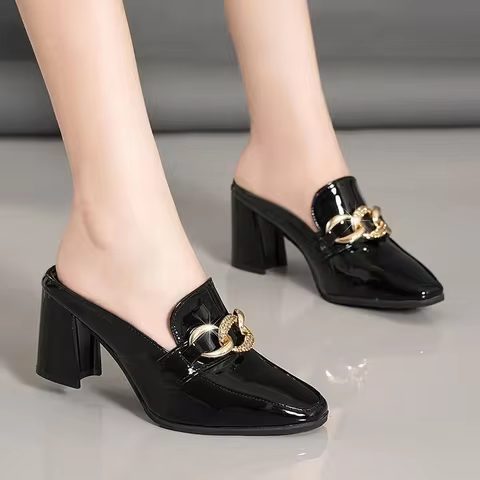Fashion Light Weight High Quality Black Patent Leather Spring Slip on Square Heel Shoes Lady Casual 