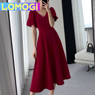 LOMOGI Elegant Plain V-neck Short Sleeves A-Line Midi Dress for Women LNE09088 (Red) Lovito Gaun Midi A-Line Lengan Pendek Leher V Polos Elegan untuk Wanita