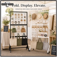 Foldable Mobile Grid Display Rack Pegboard Rack With Wheels Metal Mesh Stand For Snacks Tools Bags C