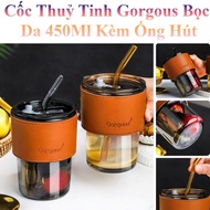 Gorgeous Luxurious Leather Covered Glass Cup 450Ml with Straw