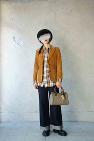 尋寶古著-焦糖卡其色修身補丁燈芯絨西裝外套