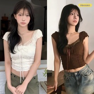 Maomao Short-Sleeved Lace Shirt With Square Neck Pleated Fabric Tight Waist Style Sweet Korean 2 Col