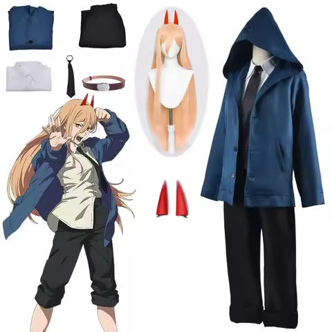 Anime Power Cosplay Chainsaw Man Costume Women Blue Casual Outfits Jacket Pants Suit Red Hairpin Blo