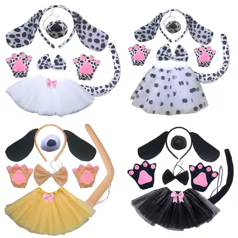 Kids Plush Puppy Cartoon Spotted Dalmatian Animal Dog Headband Bow Tail Dress Up Outfit Carnival Art