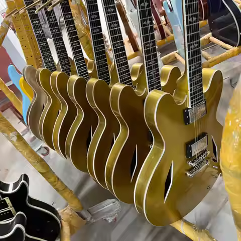 Gold F Hole Semi-Hollow ES-335 Electric Guitar Metallic Gold Gloss Finish Ash Wood Body Dual Humbuck