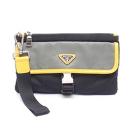 【二手】Prada PRADA Second Bag 手拿包 三角形Logo 黑色/灰色/黃色 尼龍 Saffiano 皮革 三角形Logo 手拿包