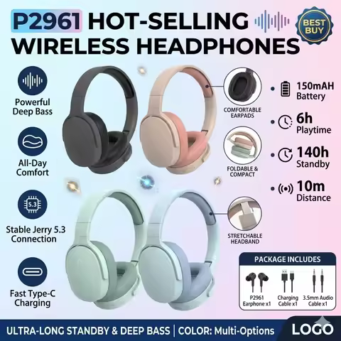 Wireless Bluetooth 5.3 Headphones, Foldable Over-Ear Headset with Mic, 40mm Powerful Bass Sound, 6H 