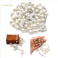 REDD Catholic Necklace Crystal White-Pearl Long Chain White Rosary Catholic Necklace