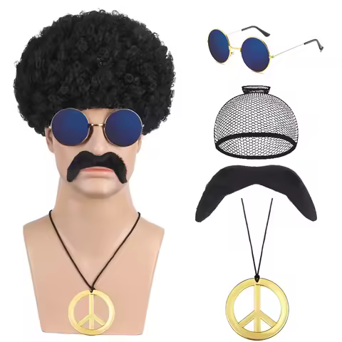 African wig men's 5-piece set {wig+glasses+peace necklace+beard+wig net hat} v70s 80s disco clothing