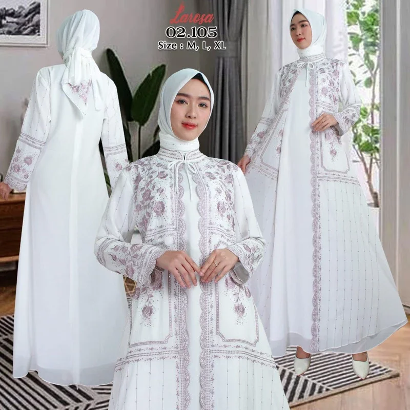 SET GAMIS LAROSA BORDIR 02.105  /  DRESS GAMIS PUTIH LAROSA BUSANA  BORDIR  02.105  SET HIJAB  /  GAMIS PUTIH LAROSA BORDIR SET KERUDUNG  /  ABAYA PUTIH LAROSA BORDIR  SET HIJAB / DRESS GAMIS PUTIH LEBARAN