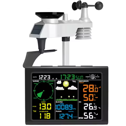 Weather Station 7-in-1 Outdoor Sensor Wind Speed Rain Temp Humidity with Color LCD Weather Forecast 