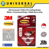 [SG SHOP SELLER] 3M Command 17083-4 Pcs Ceiling Hooks White / 4 Command Strips / Holds Up to 225g