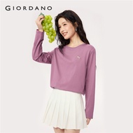 GIORDANO Women T-Shirts 100% Cotton Dachsund Embroidery Tee Crewneck Long Sleeve Simple Basic Fashio