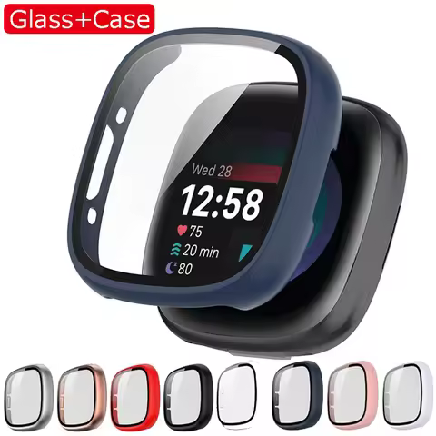 Tempered Glass Screen Protector Case For Fitbit Versa 3/Sense Cover Full Cover Bumper Shell For Fitb